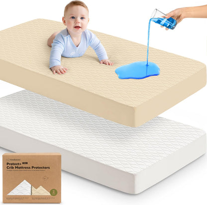 2-Pack Waterproof Crib Mattress Protector Cover Fitted - Quiet Baby Crib Mattress Pad Sheets, 52" x 28" Soft Quilted Cotton Baby Sheet, Machine Washable, Easy Fit, Durable (Soft White/Mavy)