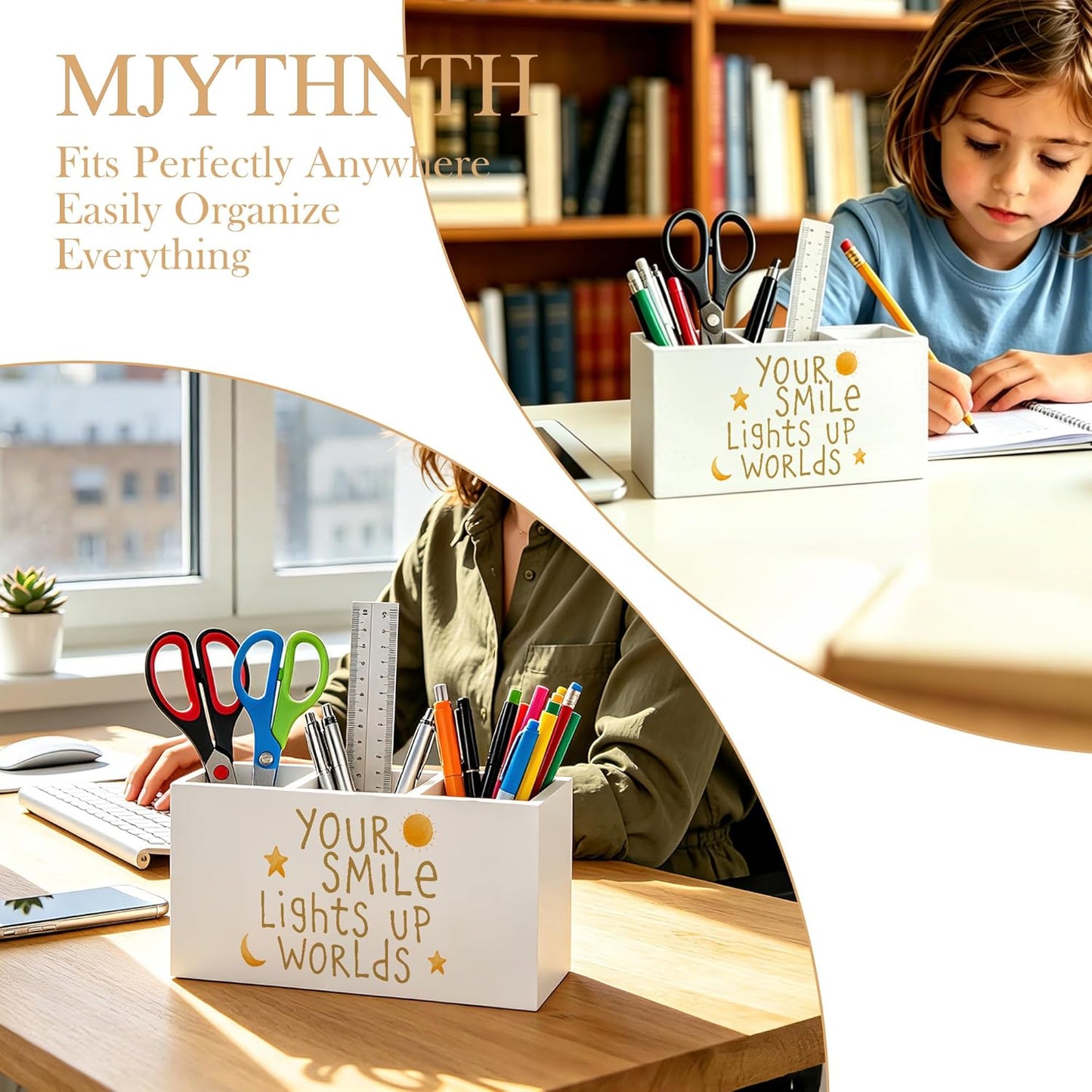 Don't Overthink It Inspirational Pencil Pen Holder for Desk, Pink Positive Affirmations Wooden Box Sign Pen Holder Organizer for Home Office School Desk Accessories