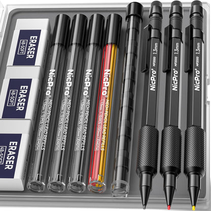 Nicpro 3 PCS 1.3 mm Orange Mechanical Pencils Set with 66 Lead Refill, 3 Eraser - Weatherproof Metal Barrel, Heavy Duty Carpenter Pencil MP2000 for Outdoor Marking Drafting Drawing Woodworking
