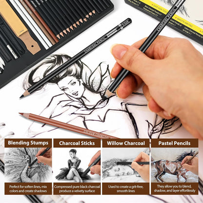 Drawing Sketching Pencil Set, 24 Piece Pro Artist Sketch Kit - Graphite Pencils (12B-4H),Charcoal Pencils for Drawing,Black and White Charcoal Pencils,Charcoal Sticks,Stumps,Eraser,Sharpeners