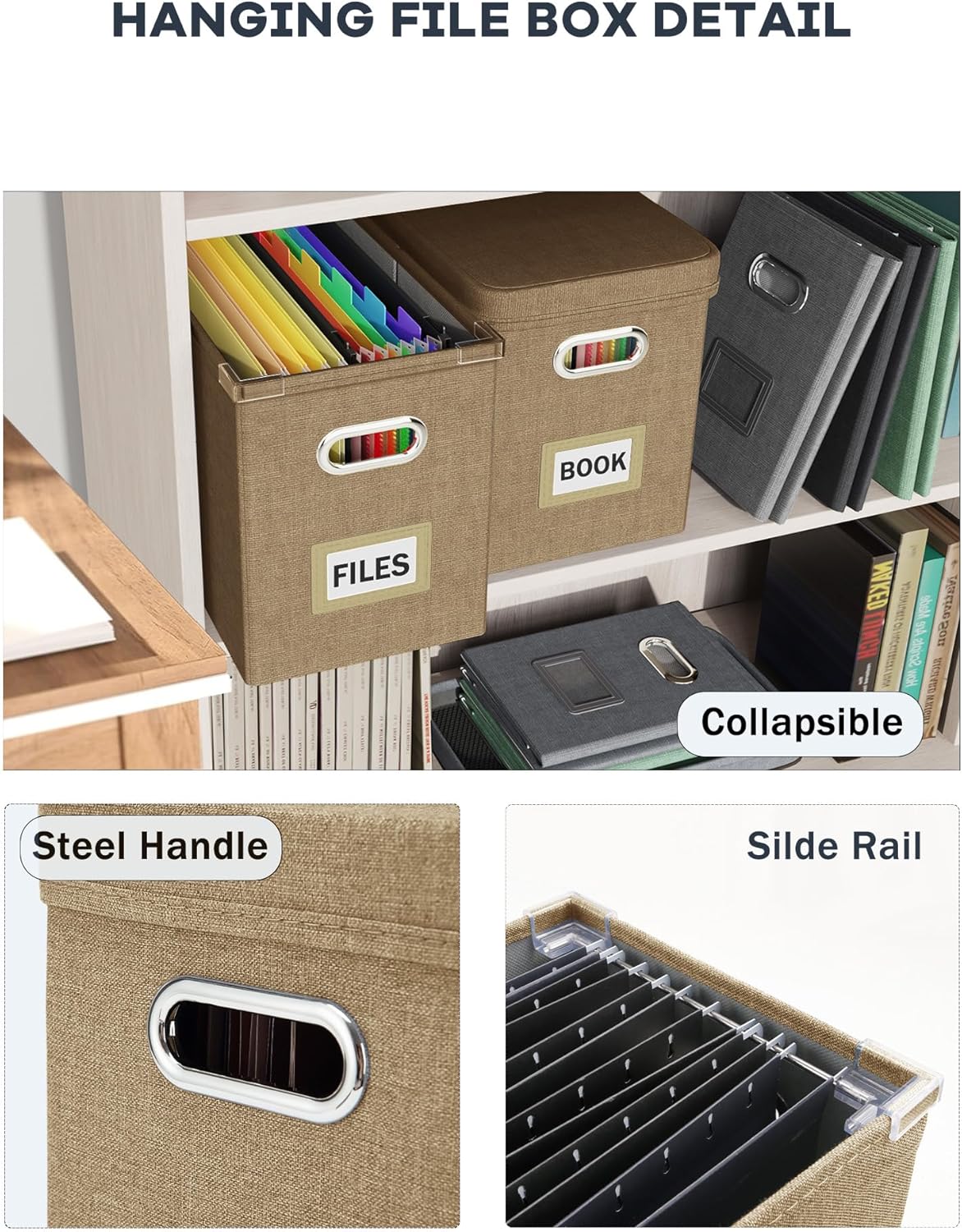 Oterri File Organizer Box with Lid, Hanging Filing File Box with Mesh Pocket, Document Organizer Box for Letter Files, Portable Storage Box with Smooth Sliding Rail for Office&Home (1 PCS, Beige)