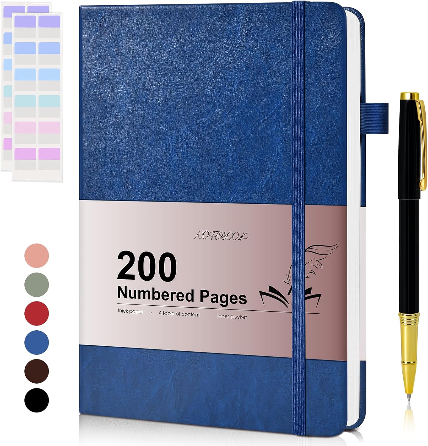 Lined Journal Notebook for Men Women, 200 Numbered Pages Leather Hardcover Journal with Pen, A5 Journaling Notebooks, Thick Paper College Ruled Journals for Writing Work Business 5.75'' X 8.38'' Black
