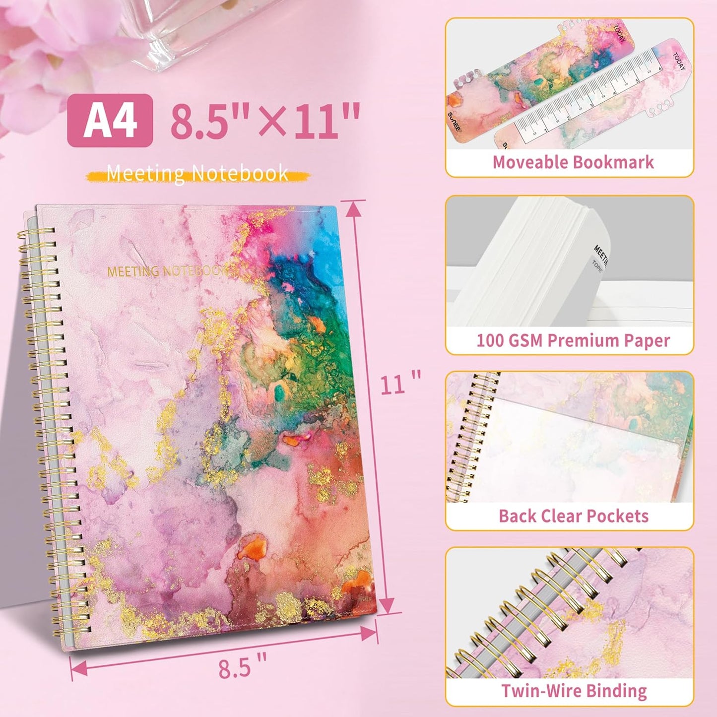 SUNEE Half Meeting Half Note - 7.5"x10" Professional Notebooks for Work - 160 Pages, B5 Size Project Planner, Spiral Meeting Agenda/Minutes Organizer for Women Men, Note Taking, Office & Business