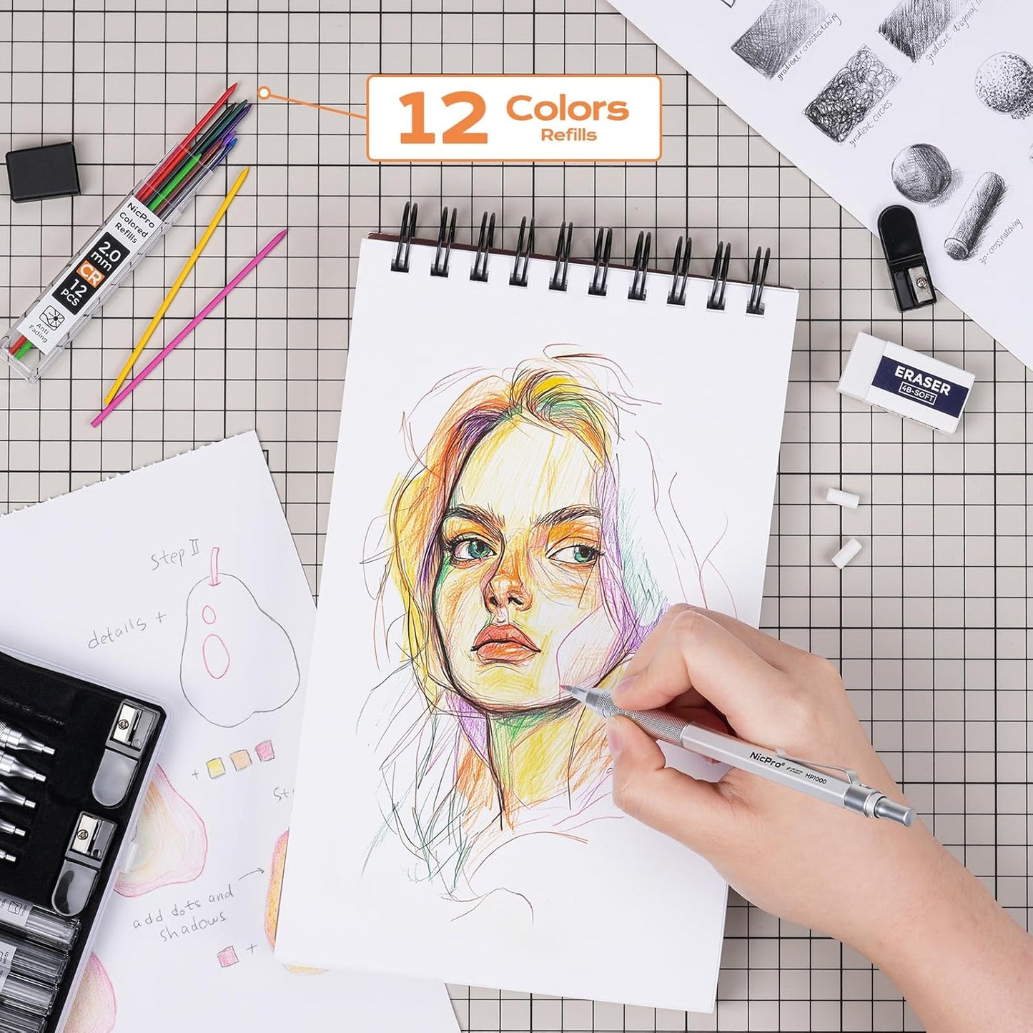 Nicpro Black Art Mechanical Pencil Set, 5PCS Metal Drafting Pencils 0.3, 0.5, 0.7, 0.9 mm & 2mm Graphite Lead Holder For Sketching Drawing With 9 Tubes (4B 2B HB 2H Colors) Lead Refills Erasers Case