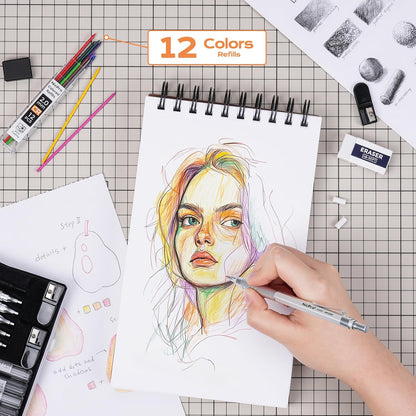 Nicpro Black Art Mechanical Pencil Set, 5PCS Metal Drafting Pencils 0.3, 0.5, 0.7, 0.9 mm & 2mm Graphite Lead Holder For Sketching Drawing With 9 Tubes (4B 2B HB 2H Colors) Lead Refills Erasers Case