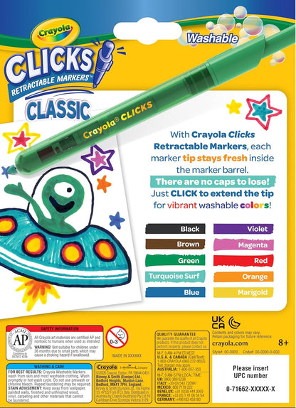 Crayola Clicks Retractable Markers Bold (10ct), Teacher Classroom School Supplies, Spring Crafts, No Dry Washable Markers for Kids