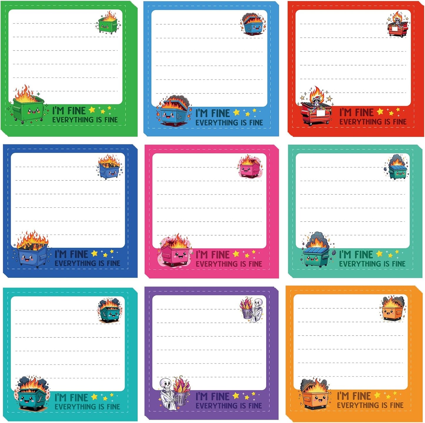 Dumpster Fire Sticky Notes 9 Pack, Funny Dumpster Fire Notepads for Work Stress Relief, Cute Self-Stick Memo Note Pads for Office, Humorous Gifts for Coworkers Students School Office Supplies 3×3 Inch