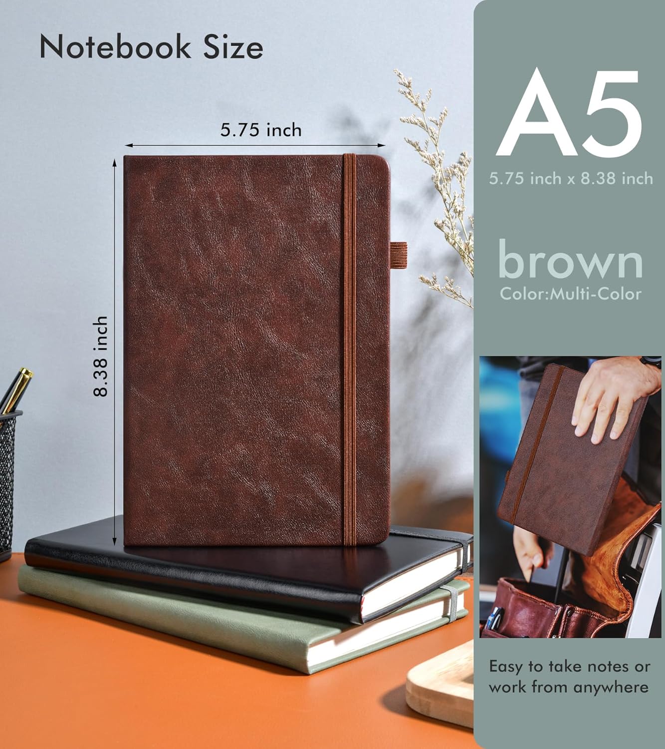Lined Journal Notebook for Men Women, 200 Numbered Pages Leather Hardcover Journal with Pen, A5 Journaling Notebooks, Thick Paper College Ruled Journals for Writing Work Business 5.75'' X 8.38'' Black