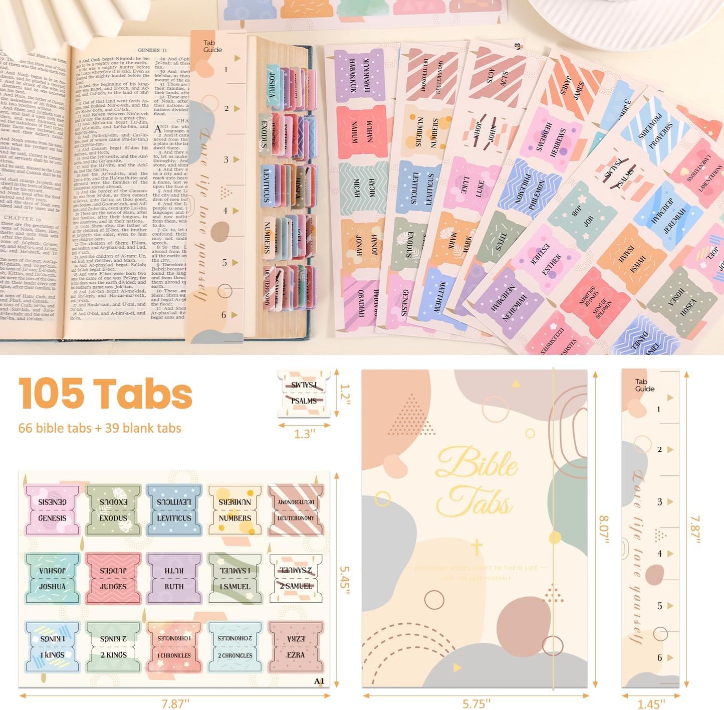 Laminated Bible Tabs, Gold Foil Embossed Lettering Bible Chapter Index Tabs for Women Men, Reposition Large Print Sticky Labels, Easy to Read and Apply, 105Chapters Labels for Easy Navigation (Black)