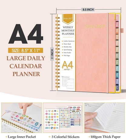 2026 Planner, Weekly and Monthly Calendar Planner from January 2026 - December 2026, 8.5" x 11" Hardcover Leather Hourly Appointment Book with Tabs, Spiral Daily Planners for School Work Home, Green