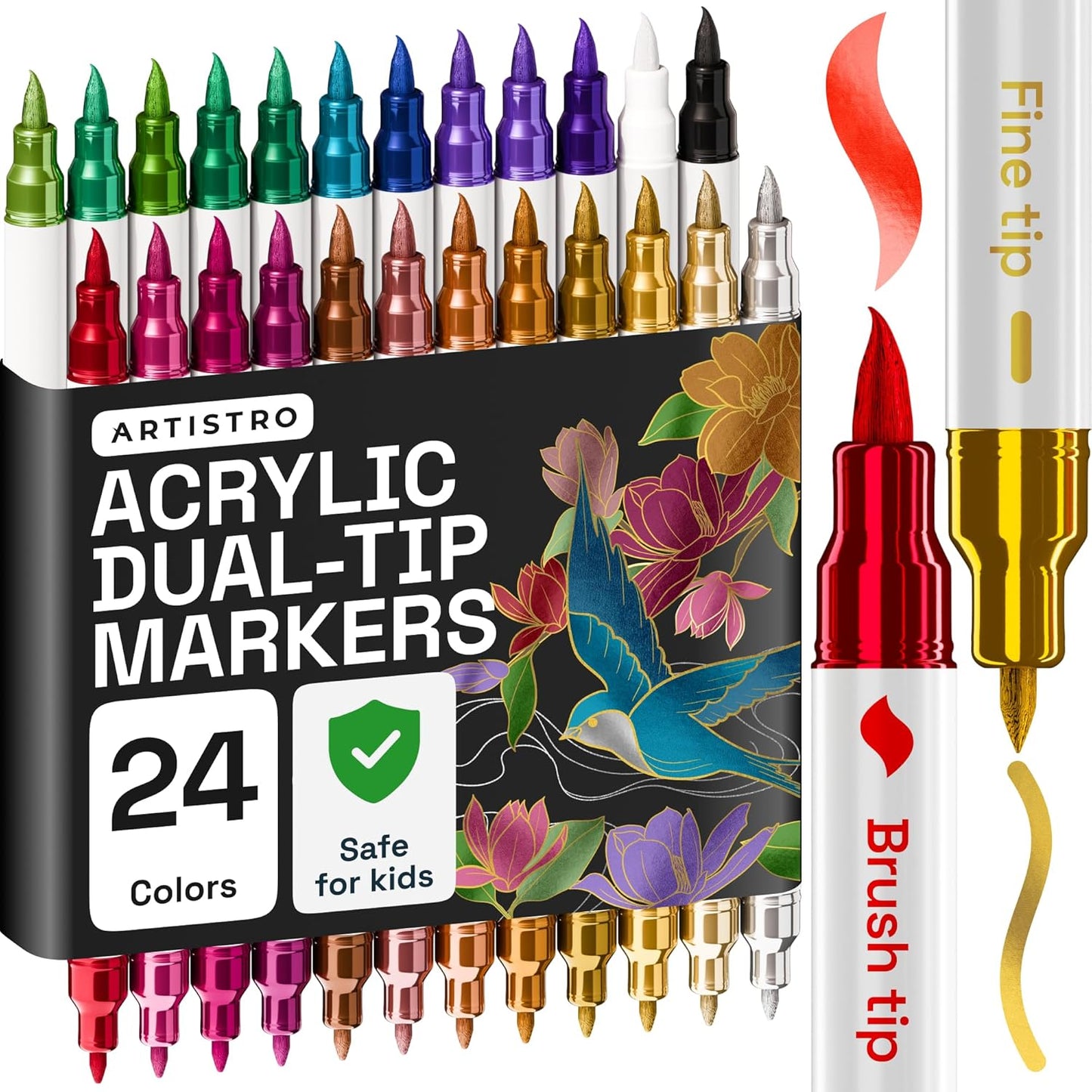 ARTISTRO 36 Acrylic Paint Markers - Paint Pens for Drawing, Brush + Fine Tips - For Fabric, Rock, Glass, Wood, DIY - Art & Craft Supplies for Adults, Teens, Kids - Teacher Appreciation Gift