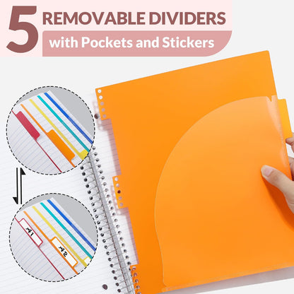 SUNEE 5 Subject Graph Paper Notebook - 400 Pages, 9"x11", 4x4 Graph Ruled Notebook, 5 Pocket Colored Dividers, 3-Hole Punched Paper, Black