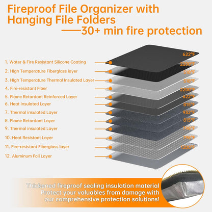Fireproof File Box with Lock, Document Box Storage Organizer, Suitable for Hanging File Folders in Letter Size, Collapsible File Box, Reflective Strip for Fast Find (12.2"*6"*10.2, Black)