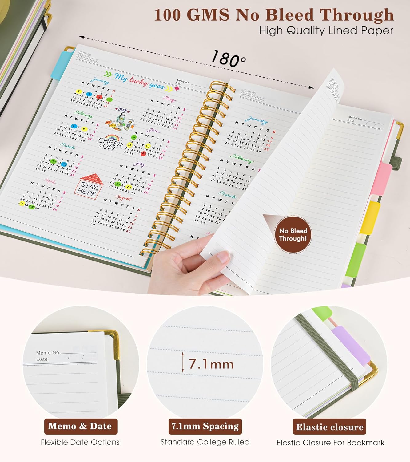 Hardcover Large Spiral Notebook 8.5" x 11" with Removable Dividers Tabs, 300 pages Leather 5 Subject Notebook College Ruled, A4 Journal for Women Men, Notebooks for Work School Note taking,Black