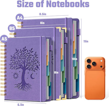 Ovesmusl Hardcover Spiral Notebook 8.5" x 11" with 5 Removable Dividers 300 Pages Leather 5 Subject Notebook College Ruled 100GSM Large Spiral Notebooks for Work Thick Lined Journal for Women, Green