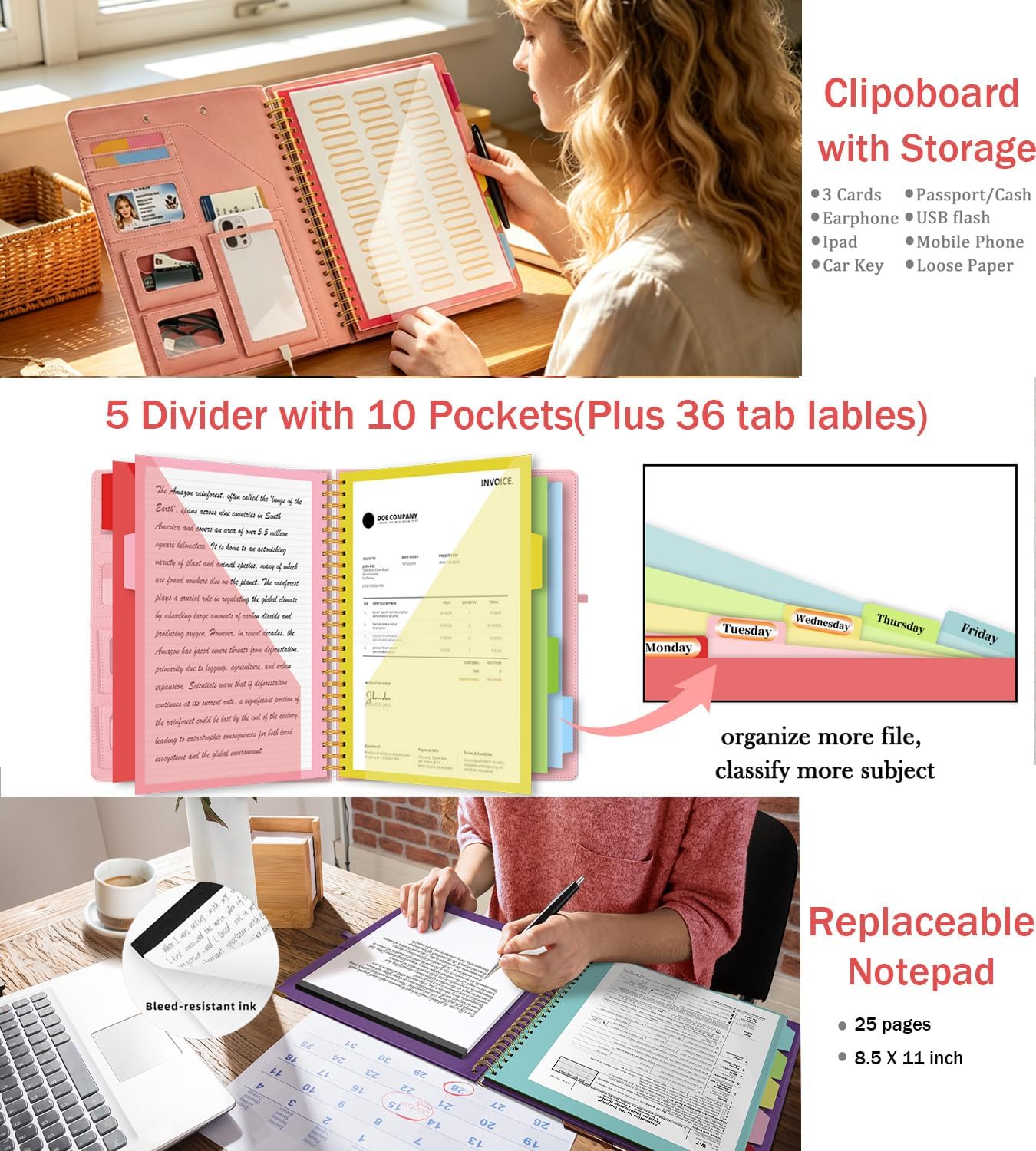Grey Foldable Spiral Clipboard Folio with Storage Zipper Pouch, 5 Plastic Folders with Pockets,Refillable Lined Notepad (8.5" x 11"), Hardcover Project Organizer with 39 Stickers