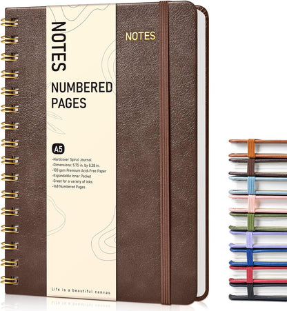 Lined Spiral Journal Notebook, A5 Hardcover Spiral Journals for Women Men, 150 Numbered Pages Spiral Bound Notebook, 100 GSM College Ruled Notebooks for Work, Note Taking 5.75" x 8.38", Olive Green