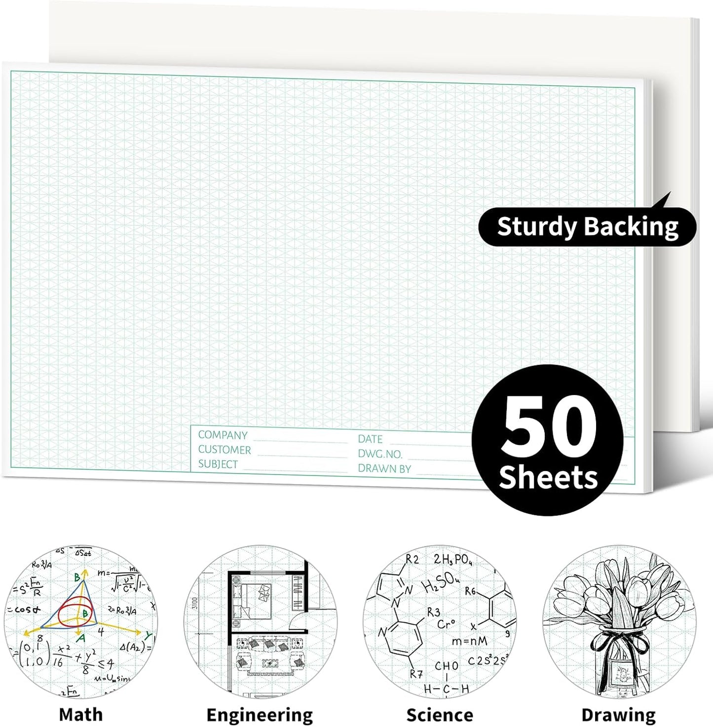 Graph Paper Notebook, 2 Pack, 8.5 x 11 Grid Paper, 4x4 Graph Ruled, 50 Sheets per Pad, Easy-Tear Perforations, 8.5 x 11 Cardboard Backing, for Math, Drafting, Drawing, Engineering