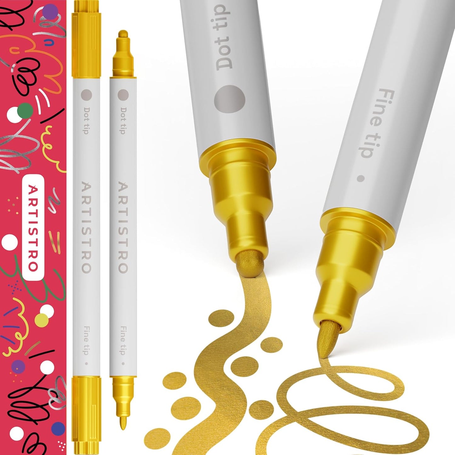 ARTISTRO 2 Red Dual-Tip Acrylic Paint Pens - Multisurface Markers for Glass, Rock, Fabric, Wood, Plastic & More - 1 mm Fine & Brush Tips