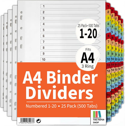 Binder Dividers with Tabs 1-20 Numbered – A4 (3 Pack) | Dividers for 3 Ring Binder | Numbered Tab Dividers for Office, School & Home Organization - The Paper Shop