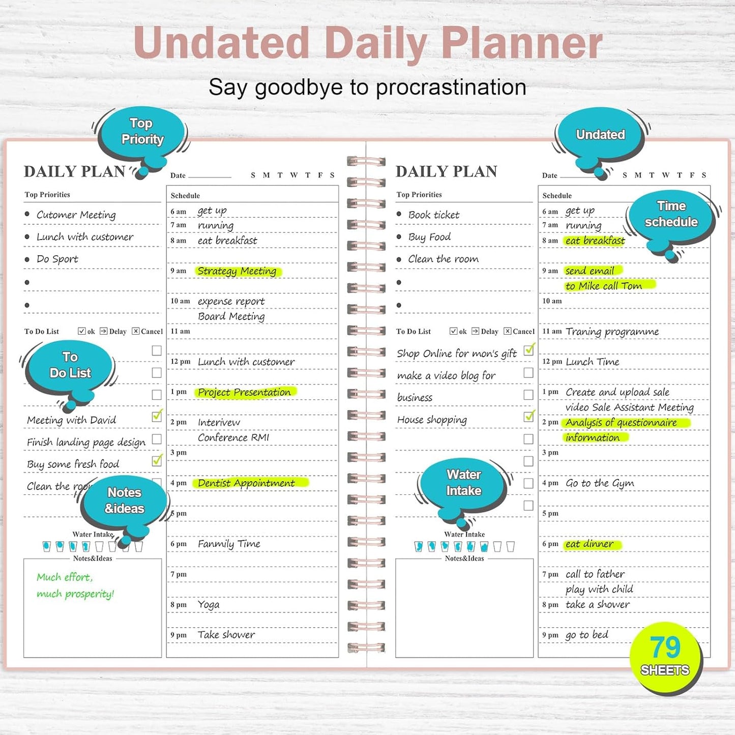 Daily Planner Undated, Asten To Do List Notebook Hourly Schedules Spiral Appointment Planner for Men and Women,PVC Hardcover,Elastic Closure, Inner Pocket 8.3" x 5.8" (Black)