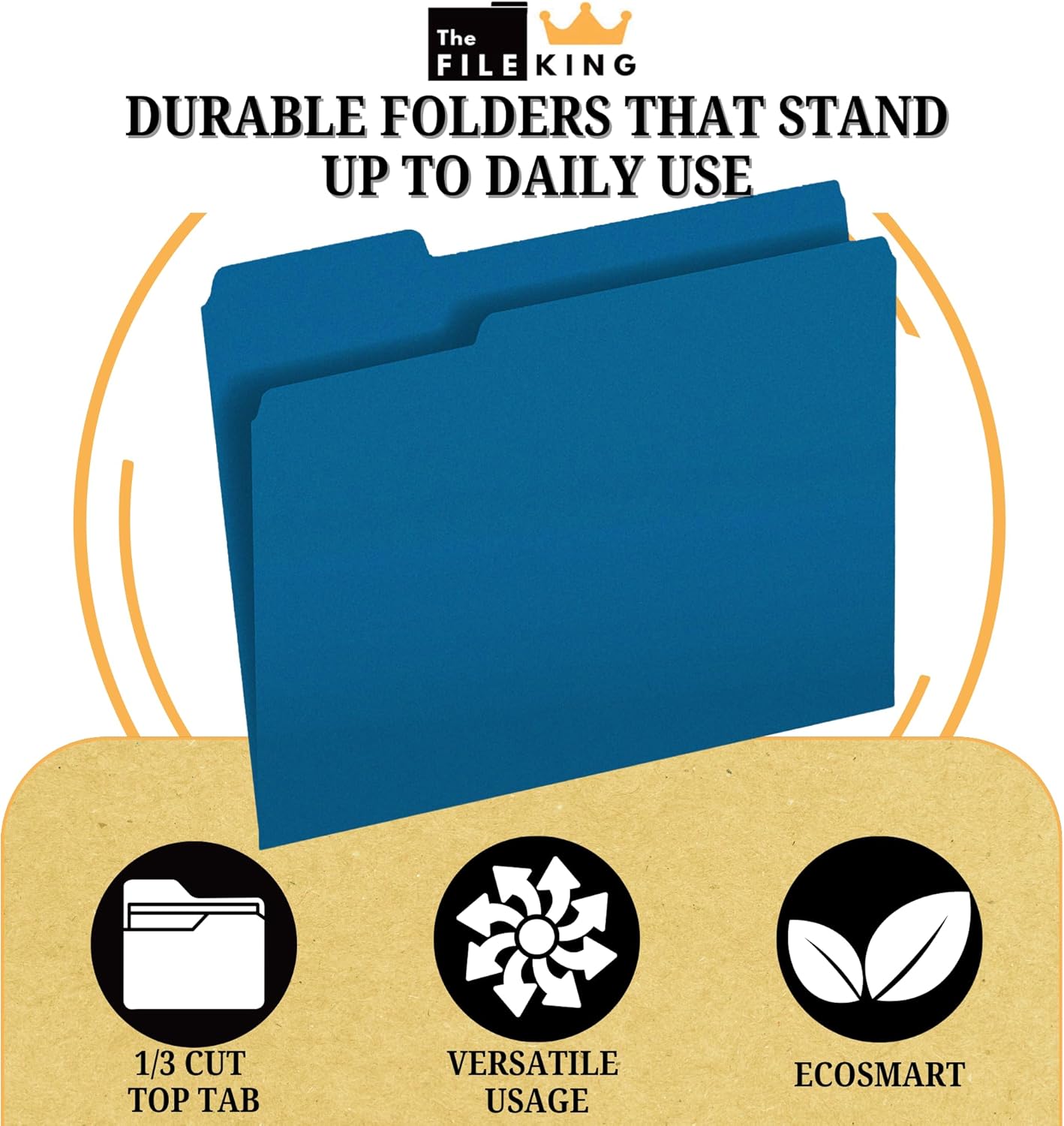 The File King 1/3 Cut File Folders Letter Size - 100 Pack | Manilla Folders 8.5 x 11 | Assorted 3 Tabs | Heavy Duty 11-Point Fiber | Made in USA | Undercut Front Style | Easy Labeling & Organization