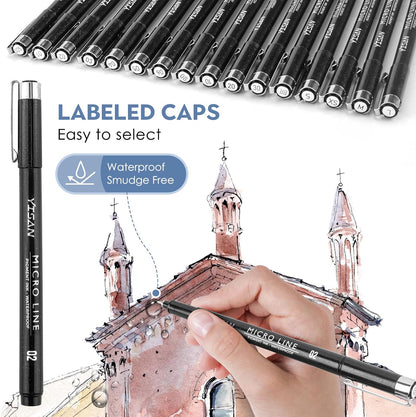 YISAN Drawing Art Pens,Micro Fineliner Pens,Fine Tip Manga Markers for Artist Sketch Technical,Black,12 Set,902195