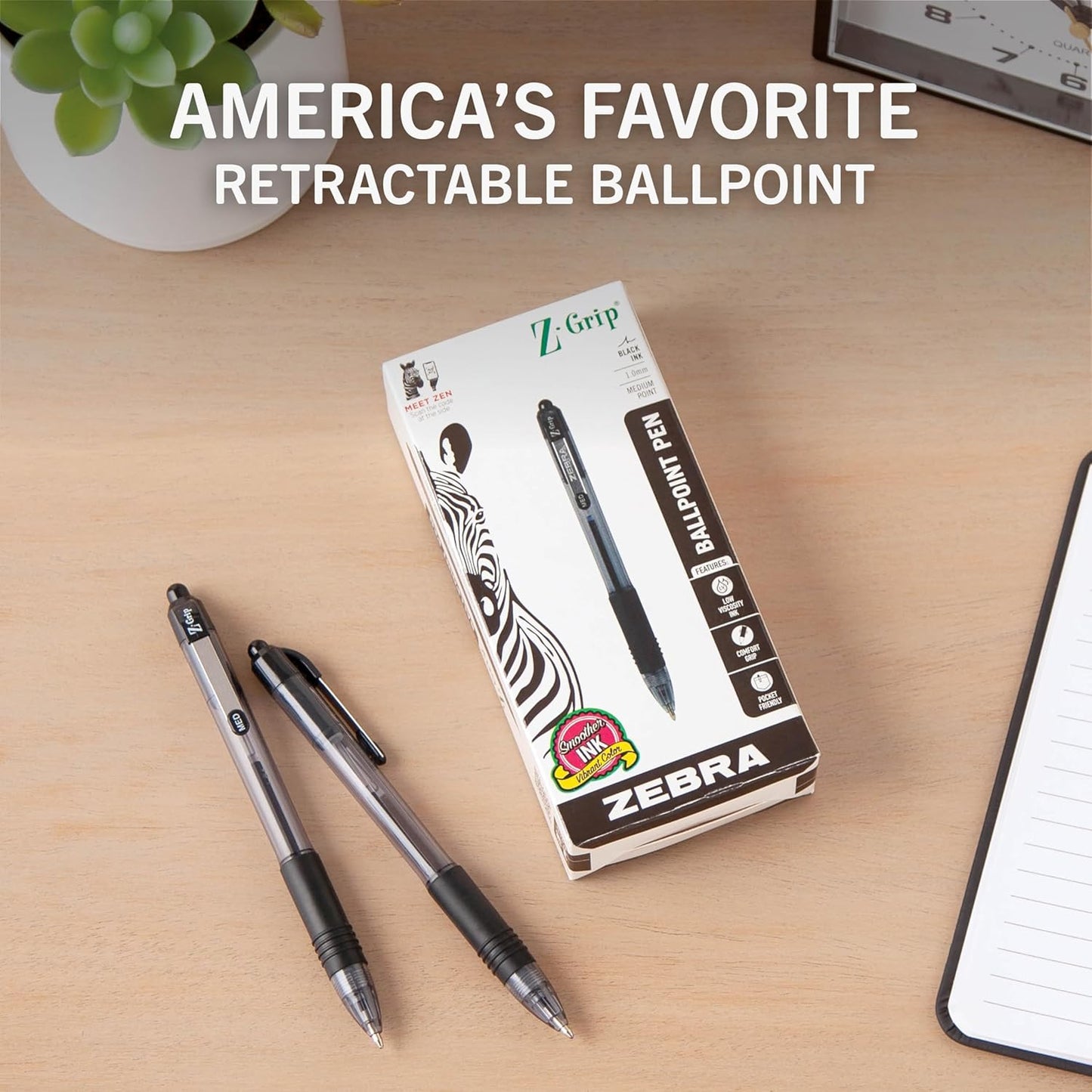 Zebra Pen Z-Grip Retractable Ballpoint Pen, Smooth-Flowing Black Ink, 1.0mm Medium Point, School & Office Supplies, Ideal for Note-Taking, Journal and Planner Use, 18-Pack (22218)