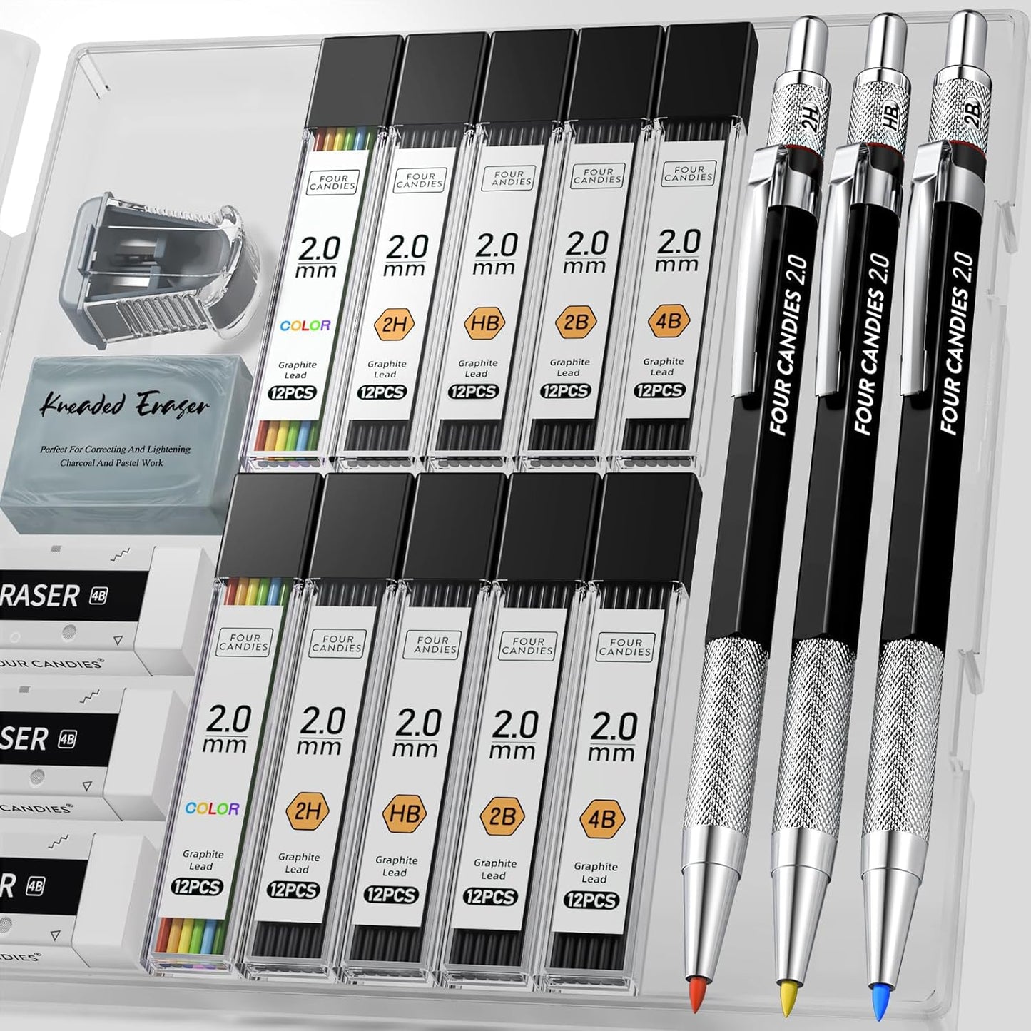 Four Candies 2MM Mechanical Pencil Set with case, Artist Led Pencil Metal Lead Holder with 60PCS Graphite Lead Refill (HB, 2H, 2B, 4B, Color) Kneaded Eraser, Sharpener for Writing, Drawing, Sketching