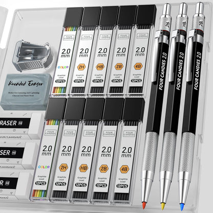 Four Candies 2MM Mechanical Pencil Set with case, Artist Led Pencil Metal Lead Holder with 60PCS Graphite Lead Refill (HB, 2H, 2B, 4B, Color) Kneaded Eraser, Sharpener for Writing, Drawing, Sketching
