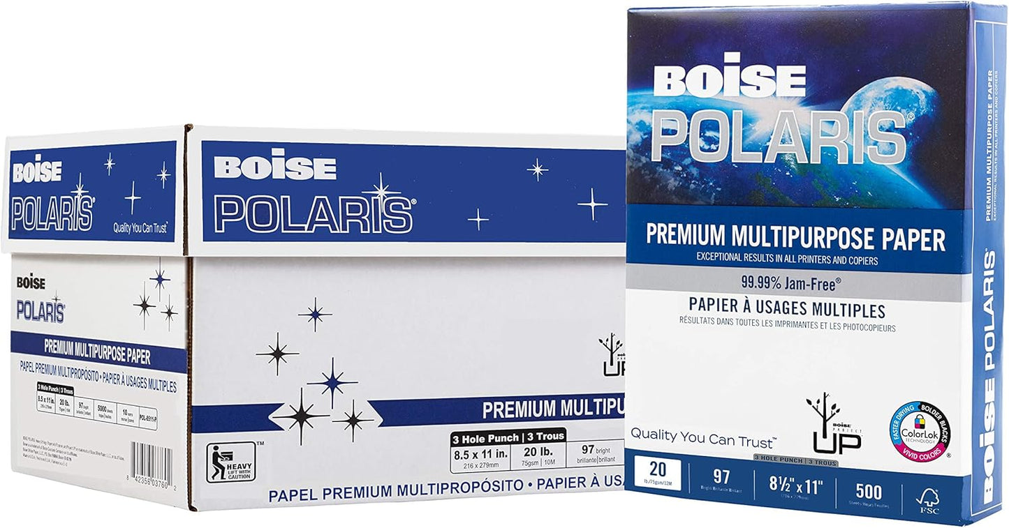 Boise Paper Premium Multipurpose Copy Paper | 8.5" x 11" Letter | 97 Bright White, 24 lb. | 10 Ream Carton (5,000 Sheets)