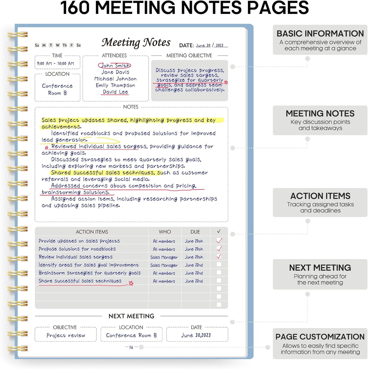 Taja Meeting Notebook for Work Organization - Work Planner Notebook with Action Items, Agenda Planner for Note Taking, 160 Pages (6.9" X 9.9") Project Organizer for Men & Women - Blue