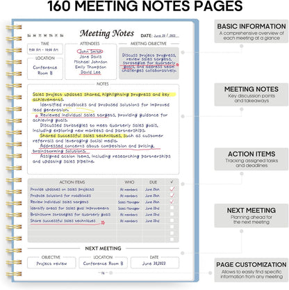 Taja Meeting Notebook for Work Organization - Work Planner Notebook with Action Items, Agenda Planner for Note Taking, 160 Pages (6.9" X 9.9") Project Organizer for Men & Women - Blue