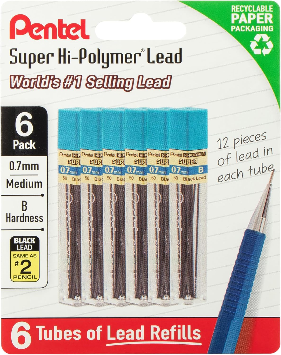 Pentel Super Hi-Polymer Lead Refills, 0.7 mm, 2B, 72 Pieces (12 pcs per tube, 6 tubes)