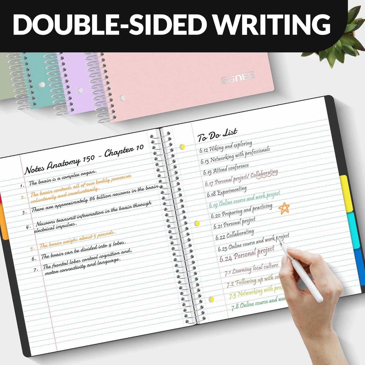 SUNEE 5 Subject Graph Paper Notebook - 400 Pages, 9"x11", 4x4 Graph Ruled Notebook, 5 Pocket Colored Dividers, 3-Hole Punched Paper, Black