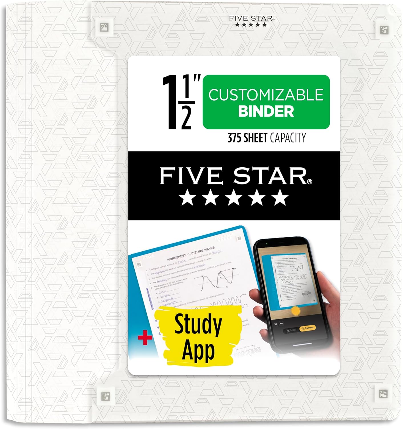 Five Star 3-Ring Binder + Study App, 1-1/2 Inch Binder with D Rings and Customizable Clear View Cover, 375 Sheet Capacity, White (261460A-ECM)