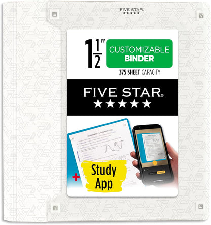 Five Star 3-Ring Binder + Study App, 1-1/2 Inch Binder with D Rings and Customizable Clear View Cover, 375 Sheet Capacity, White (261460A-ECM)