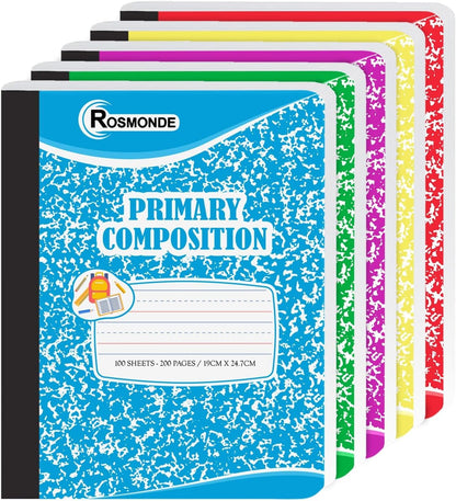 Rosmonde 12 Pack Primary Composition Notebooks, 200 Pages (100 Sheets), Primary Ruled Composition Notebook, 9-3/4" x 7-1/2", Grades K-2, Writing Dotted Lined, Assorted, Colors May Repeat