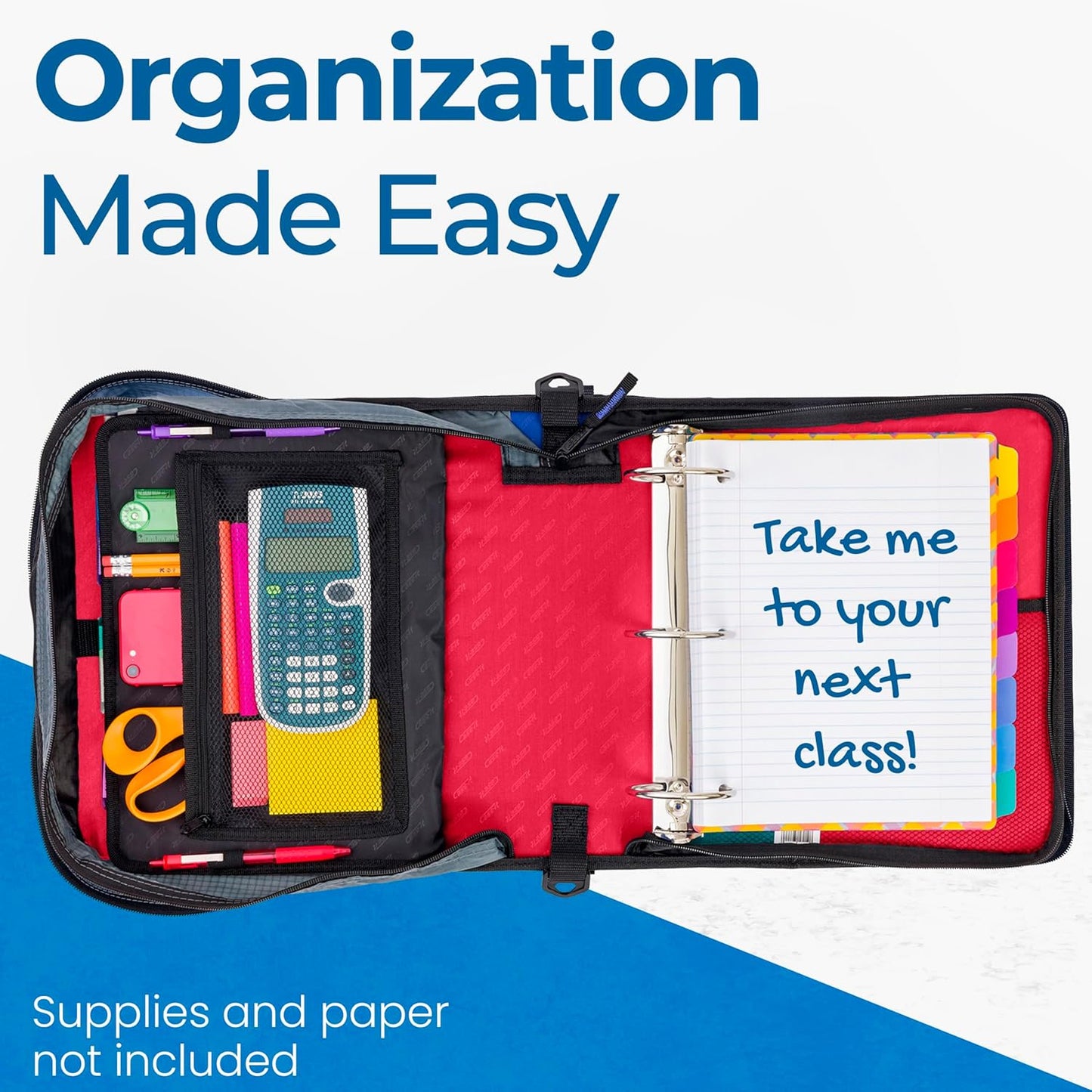 Case-it Mighty Zip Tab School Zipper Binder | 3-Inch O-Rings, 600-Sheet Capacity, 5-Subject Expanding File Folder, Multiple Pockets & Storage Organizer, Shoulder Strap | D-146 Jet Black
