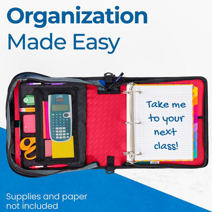 Case-it Mighty Zip Tab School Zipper Binder | 3-Inch O-Rings, 600-Sheet Capacity, 5-Subject Expanding File Folder, Multiple Pockets & Storage Organizer, Shoulder Strap | D-146 Jet Black