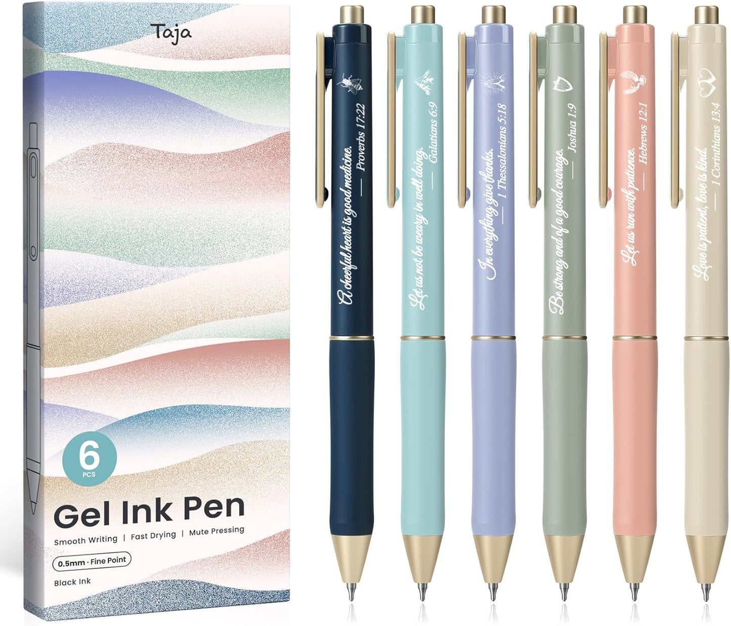 Taja Gel Pens, 6 Pcs Quick Dry Black Gel Ink Pens, 0.5mm Fine Point Smooth Writing Pens for Journaling and Note Taking, Cute Aesthetic Pens for Women & Men-Pastel