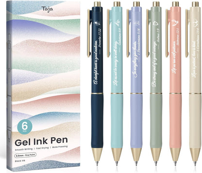 Taja Gel Pens, 6 Pcs Quick Dry Black Gel Ink Pens, 0.5mm Fine Point Smooth Writing Pens for Journaling and Note Taking, Cute Aesthetic Pens for Women & Men-Pastel