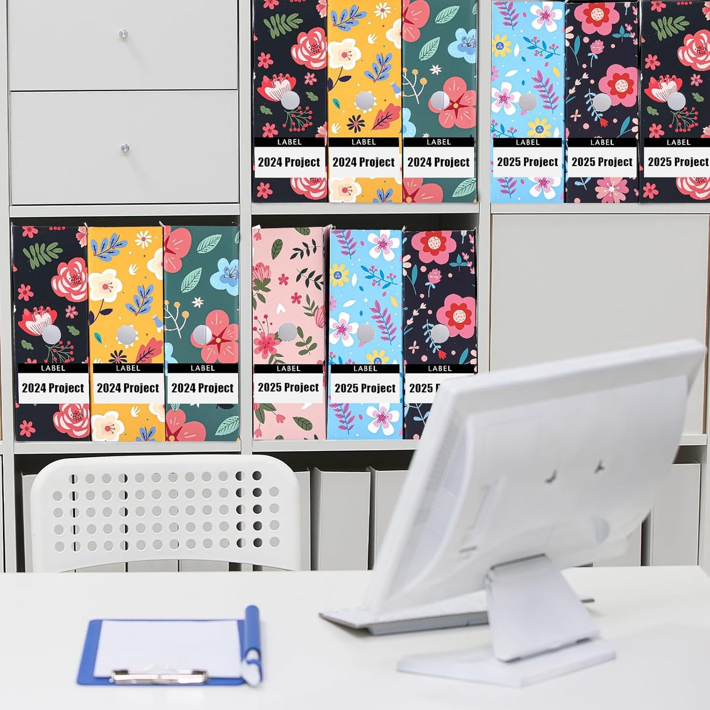 PerKoop 6 Pcs Decorative Magazine File Holders Floral Foldable File Folders Magazine Storage Boxes Rack Desk Organizer Documents with Printable Labels for School Office Home (Floral)