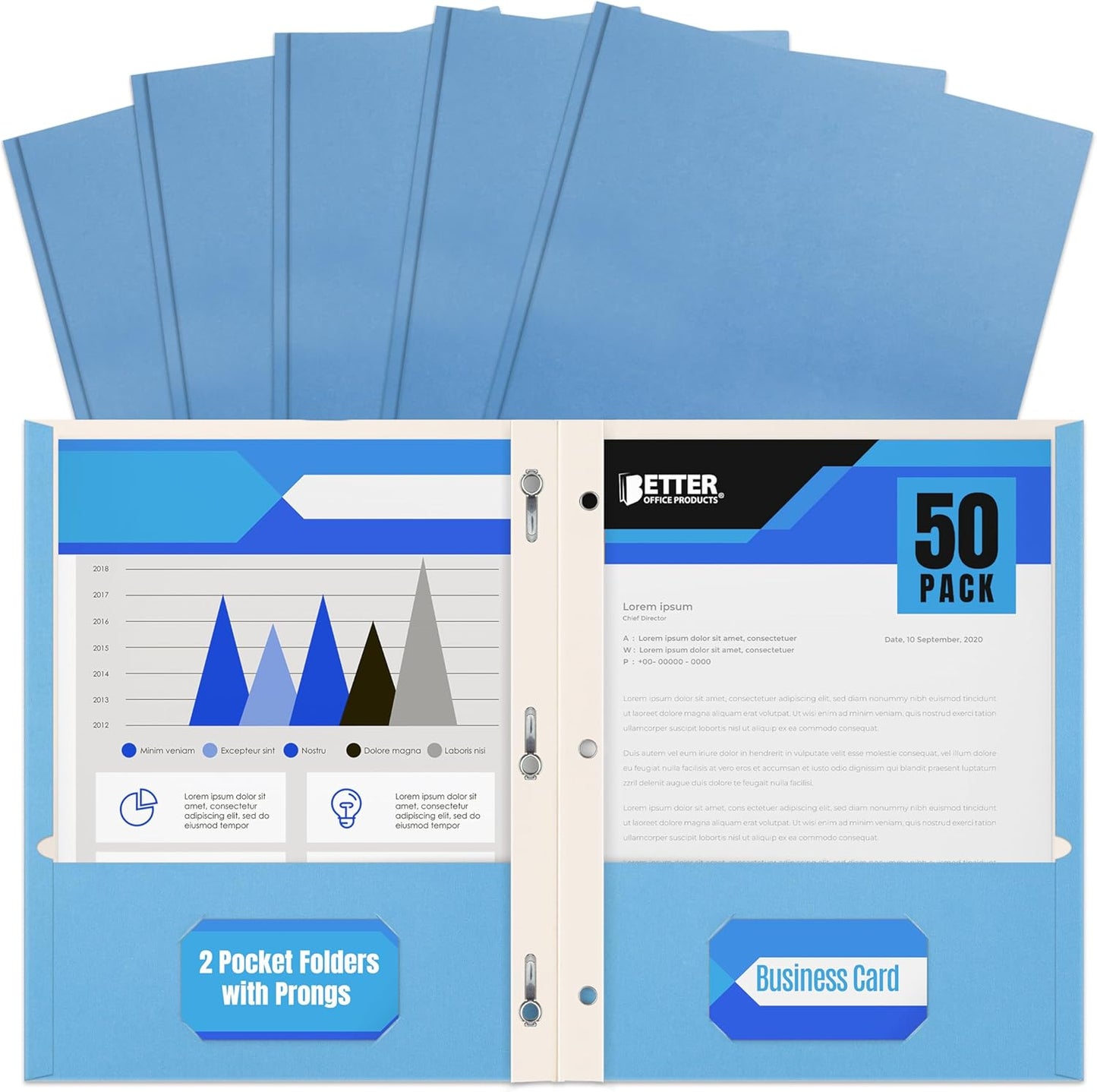 Better Office Products Blue Paper 2 Pocket Folders with Prongs, 50 Pack, Matte Texture, Letter Size Paper Folders, 50 Pack, with 3 Metal Prong Fastener Clips, Blue