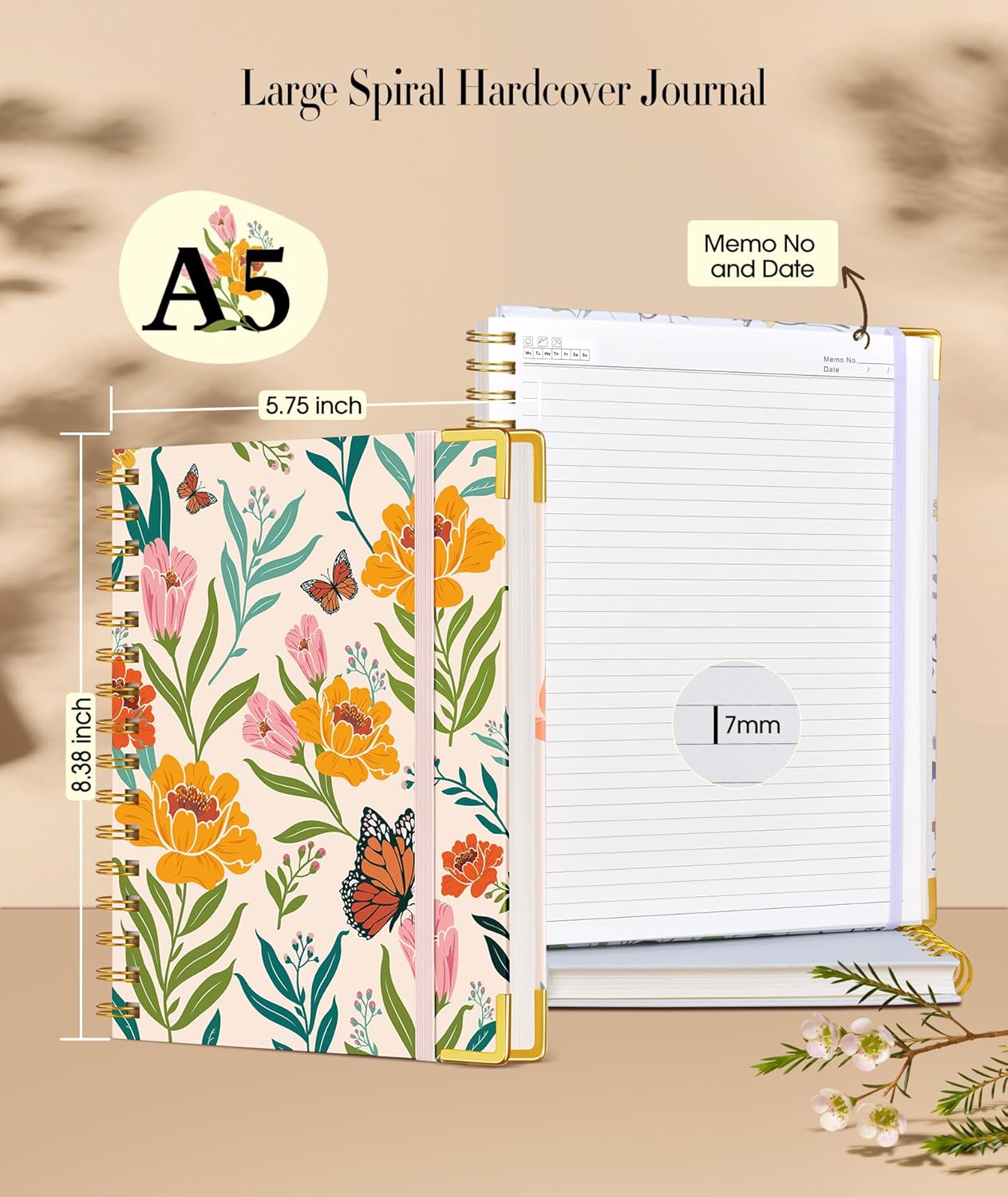 Cute Spiral Notebook Journal for Women, 200 Pages Lined Notebooks 8.5” x 11”, A4 Large Hardcover Spiral Journals with 100 GSM Thick Paper, College Ruled Notebook for Writing Work School, Orange Floral