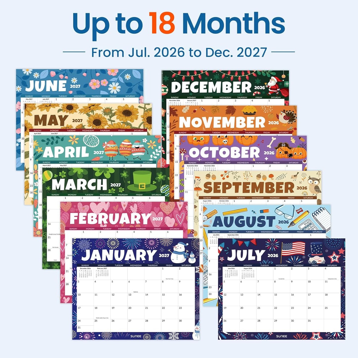 SUNEE Wall Calendar 2026 21 Months Apr. 2026 - Dec. 2027, 14.5"x11.5" Big Grid Hanging Calendar with Note for Organizing & Planning, Monthly Calendar 2026-2027 with Last Month and Next Month, White