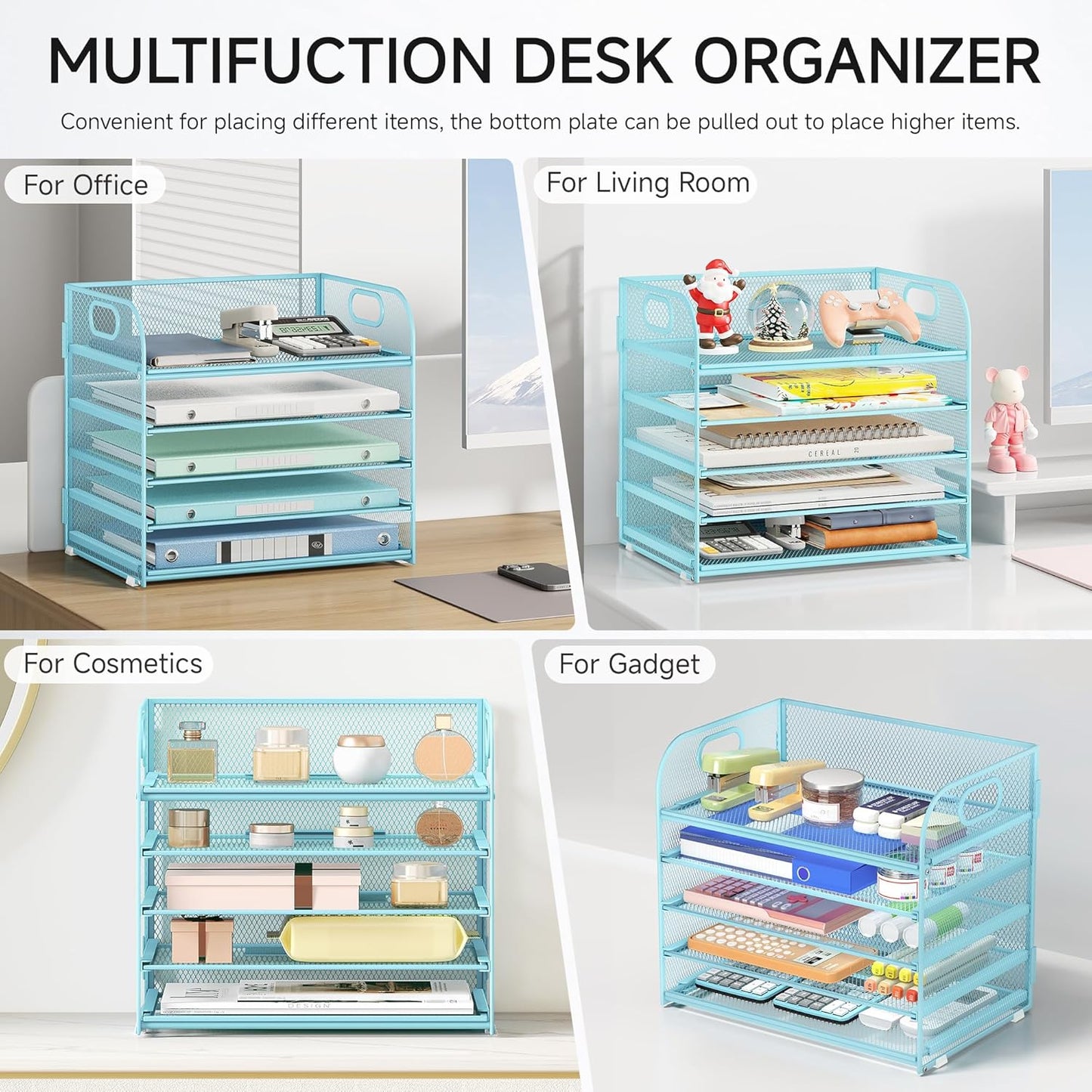 Lavatino 5 Tray Desk File Organizer, Black Mesh Paper Sorter Letter Tray Organizer with Handle, Desktop File Organizer and Storage for Letter/A4 Office File Folder