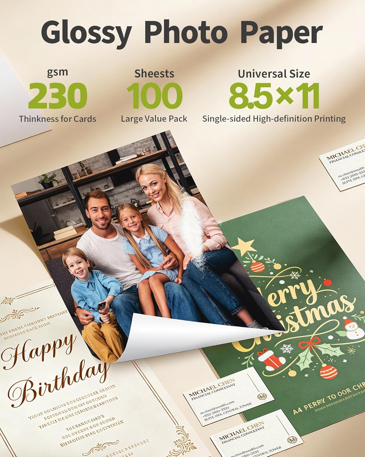 Uinkit 100 Sheets Thick Inkjet Glossy Photo Paper Picture 8.5x11 62lb 230g 11.1mil Cardstock Postcard Brochure For Dye Ink Inkjet Printer