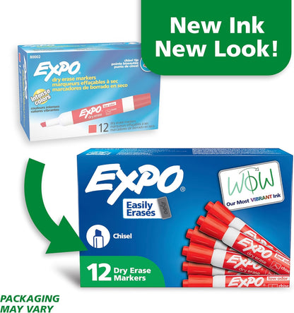 EXPO Dry Erase Markers, Low Odor Ink, Red, Chisel Tip, 12 Count
