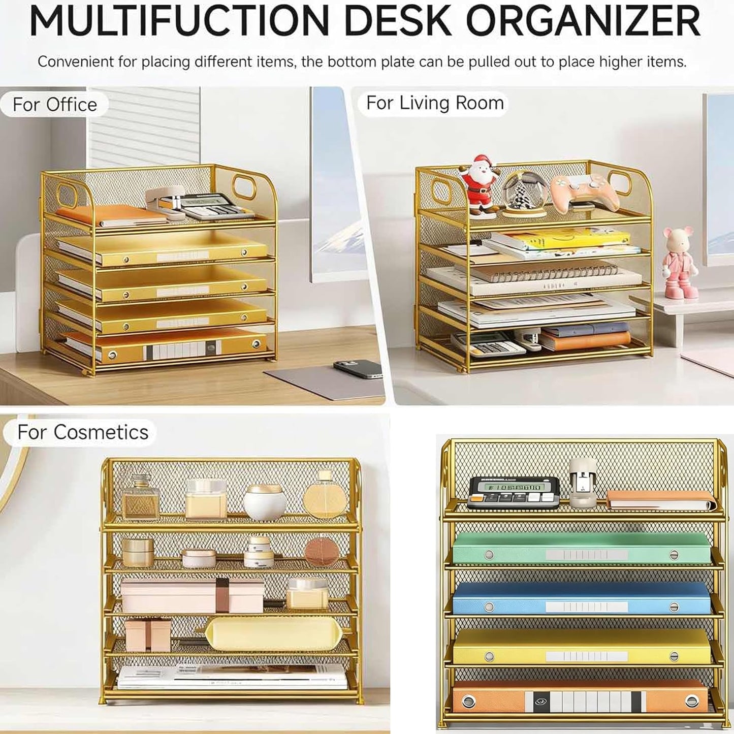 Lavatino 5 Tray Desk File Organizer, Black Mesh Paper Sorter Letter Tray Organizer with Handle, Desktop File Organizer and Storage for Letter/A4 Office File Folder